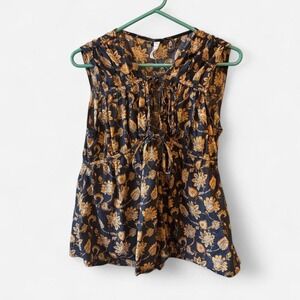 MNG navy blue floral baby doll blouse cap sleeve with tie front detail. Size: M